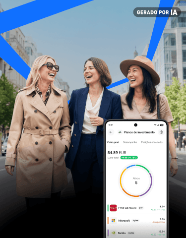 Três mulheres a sorrir em Londres, com a nova interface da app da XTB e os Planos de Investimento em destaque.