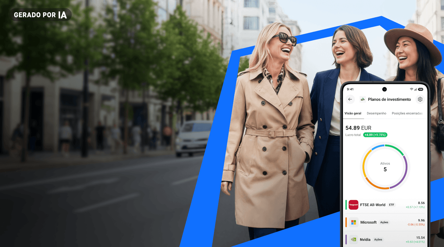 Três mulheres a sorrir em Londres, com a nova interface da app da XTB e os Planos de Investimento em destaque.