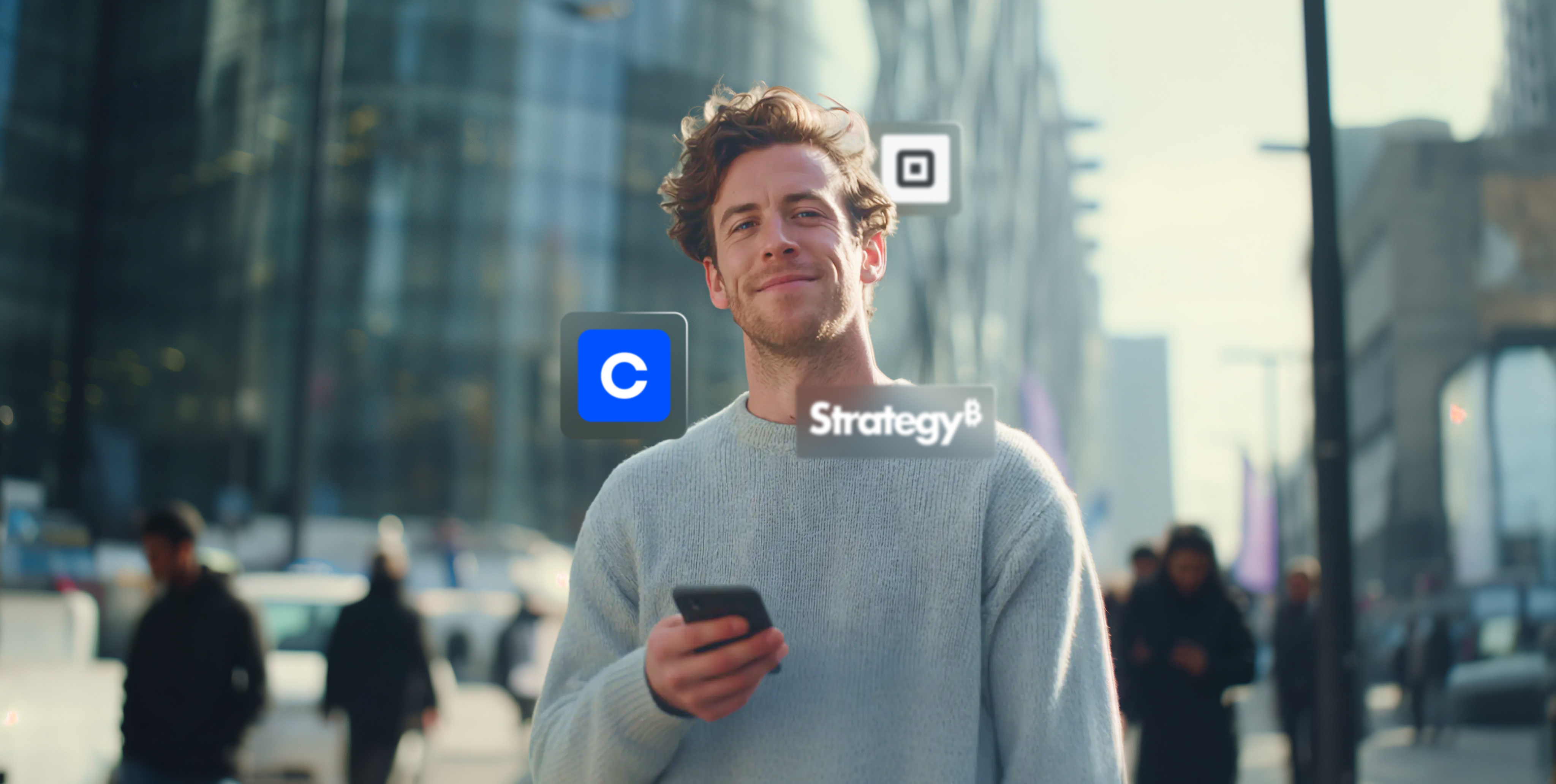 MosolygÃ³ fiatal fÃ©rfi okostelefonnal a kezÃ©ben, kÃ¶rÃ¼lÃ¶tte nÃ©pszerÅ± kripto rÃ©szvÃ©nyek logÃ³i, kÃ¶ztÃ¼k a Coinbase, a Circle, a Strategy, a Block Ã©s a BitMine Immersion Technologies emblÃ©mÃ¡i.