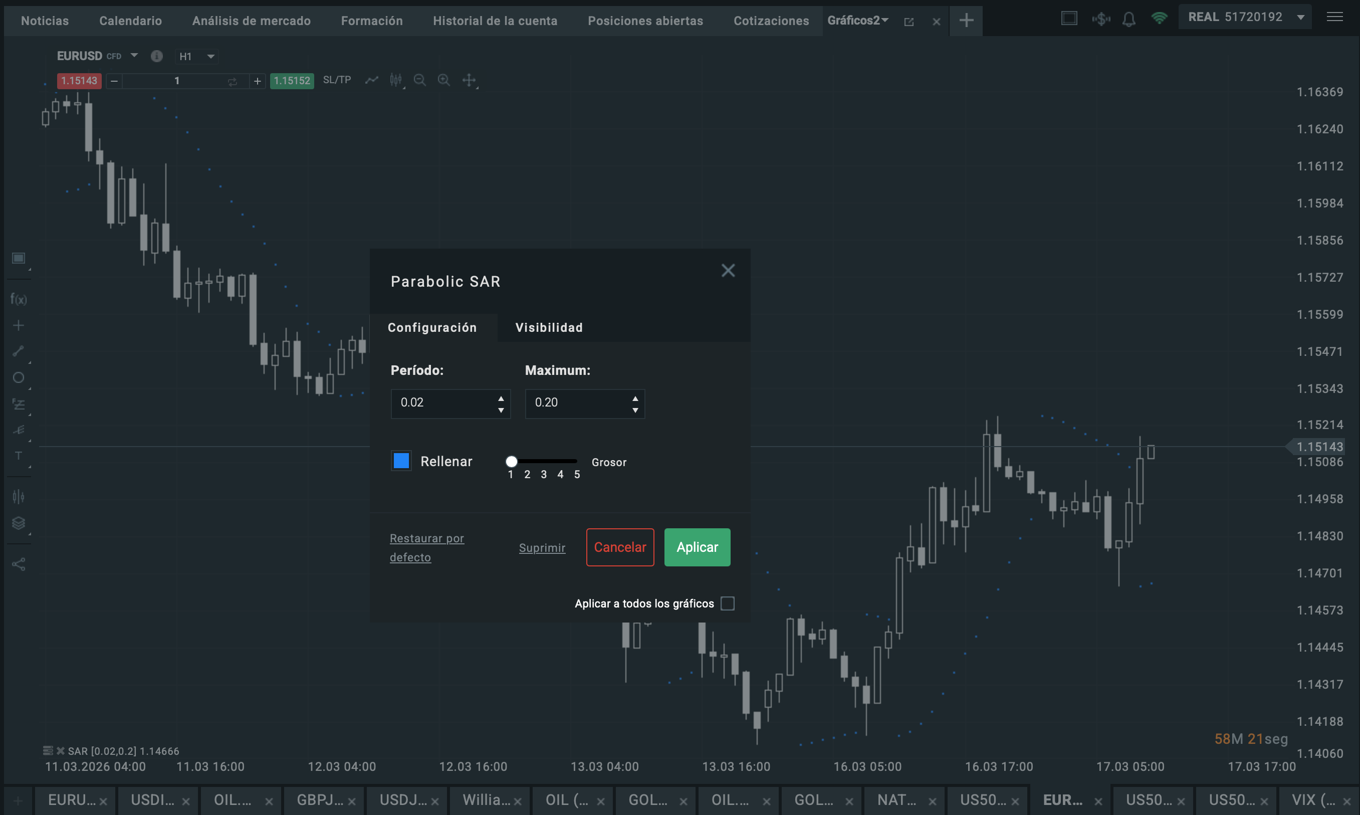Pantalla de configuraciÃ³n del Parabolic SAR con parÃ¡metros de step y mÃ¡ximo ajustables
