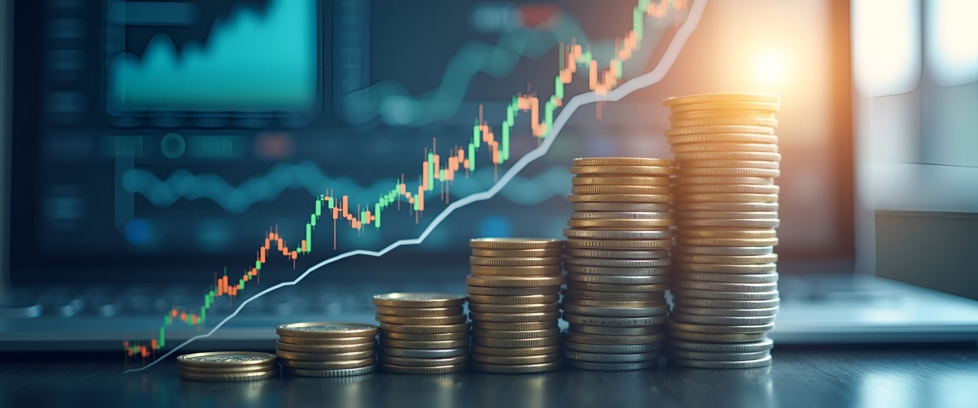 Imagen de montones de monedas delante de un grÃ¡fico bursÃ¡til en un artÃ­culo sobre quÃ© es el contango