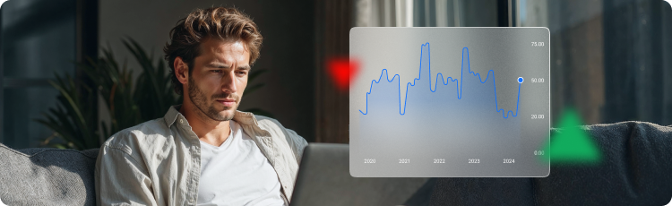 Homem concentrado a analisar dados de investimento num computador portÃ¡til com um grÃ¡fico de preÃ§os sobreposto, simbolizando o acompanhamento do desempenho das aÃ§Ãµes de criptomoedas e a anÃ¡lise de mercado.