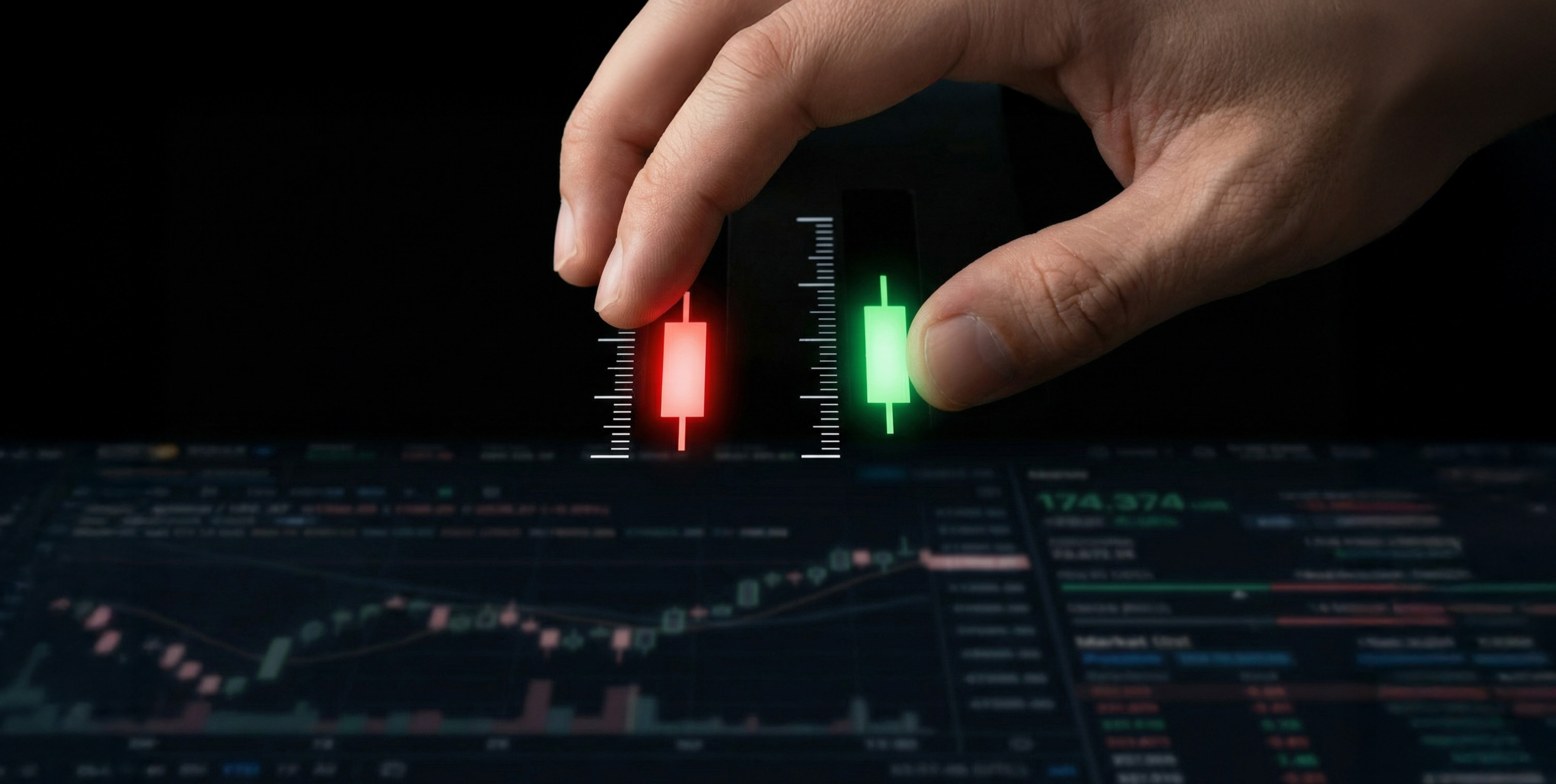Egy kÃ©z vÃ¶rÃ¶s Ã©s zÃ¶ld gyertyÃ¡kat mozgat egy digitÃ¡lis kereskedÃ©si platformon, szimbolizÃ¡lva az aktÃ­v kereskedÃ©si dÃ¶ntÃ©seket, a technikai elemzÃ©st Ã©s a piac idÅzÃ­tÃ©sÃ©t.