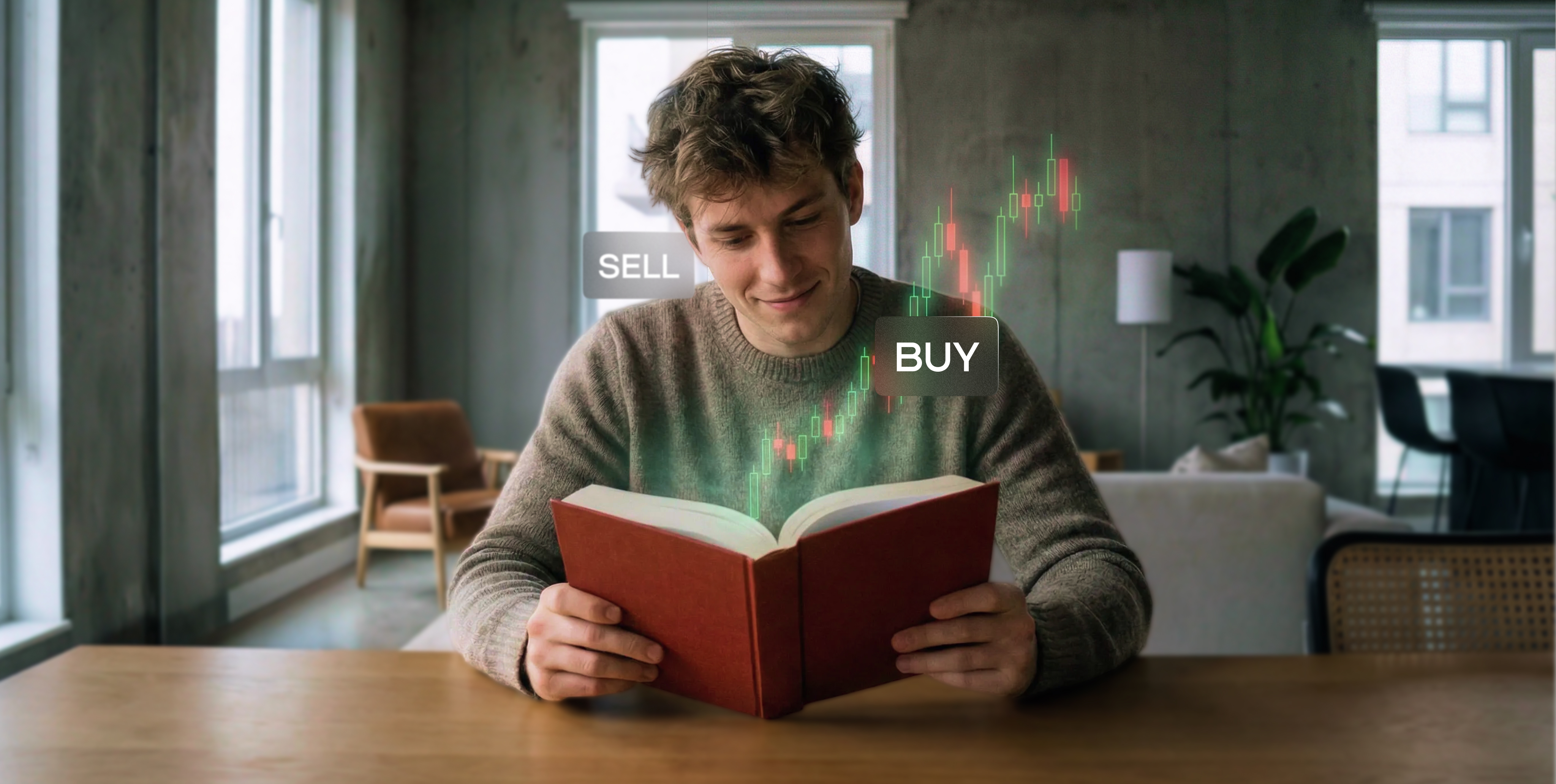 Otthon kÃ¶nyvet olvasÃ³ fÃ©rfi vÃ©teli Ã©s eladÃ¡si indikÃ¡torokkal, valamint gyertyatartÃ³ grafikon fedÅrÃ©teggel, amely a tÅzsdei kereskedÃ©s tanulÃ¡sÃ¡t, a befektetÃ©si oktatÃ¡st Ã©s a piacelemzÃ©st szimbolizÃ¡lja.