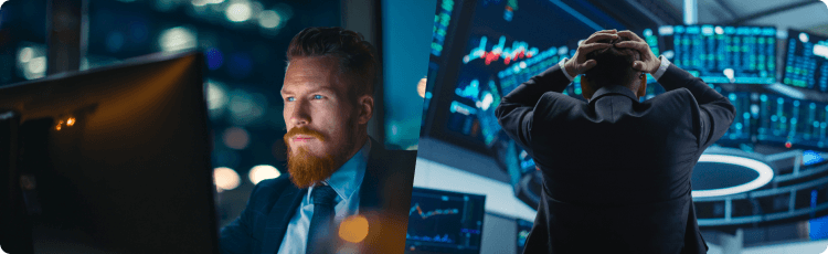 KereskedÅk figyelik a volatilis piacokat Ã©s a vÃ¡ltozÃ³ rÃ©szvÃ©nyÃ¡rakat a kereskedÃ©si kÃ©pernyÅkÃ¶n.