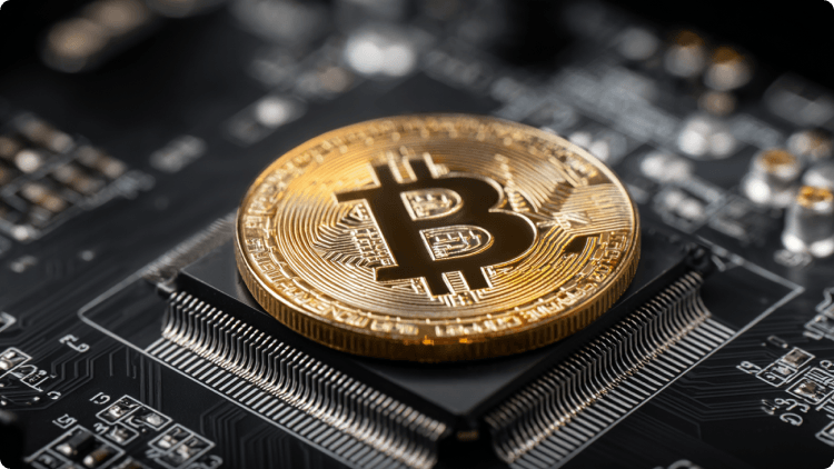 ZlatÃ¡ minca Bitcoin umiestnenÃ¡ na poÄÃ­taÄovom Äipe, symbolizujÃºca digitÃ¡lne aktÃ­va, technolÃ³giu blockchain a infraÅ¡truktÃºru trhu s kryptomenami.