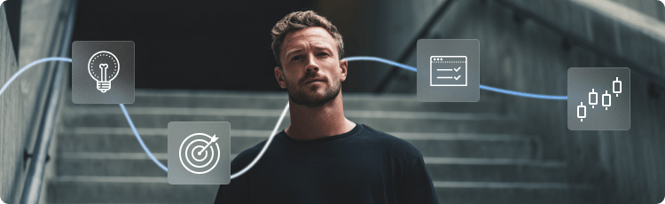 Egy fÃ©rfi kereskedÃ©si stratÃ©giÃ¡t vizualizÃ¡l pÃ©nzÃ¼gyi ikonokkal, amelyek Ã¶tleteket, cÃ©lokat Ã©s teljesÃ­tmÃ©nyt jelkÃ©peznek.