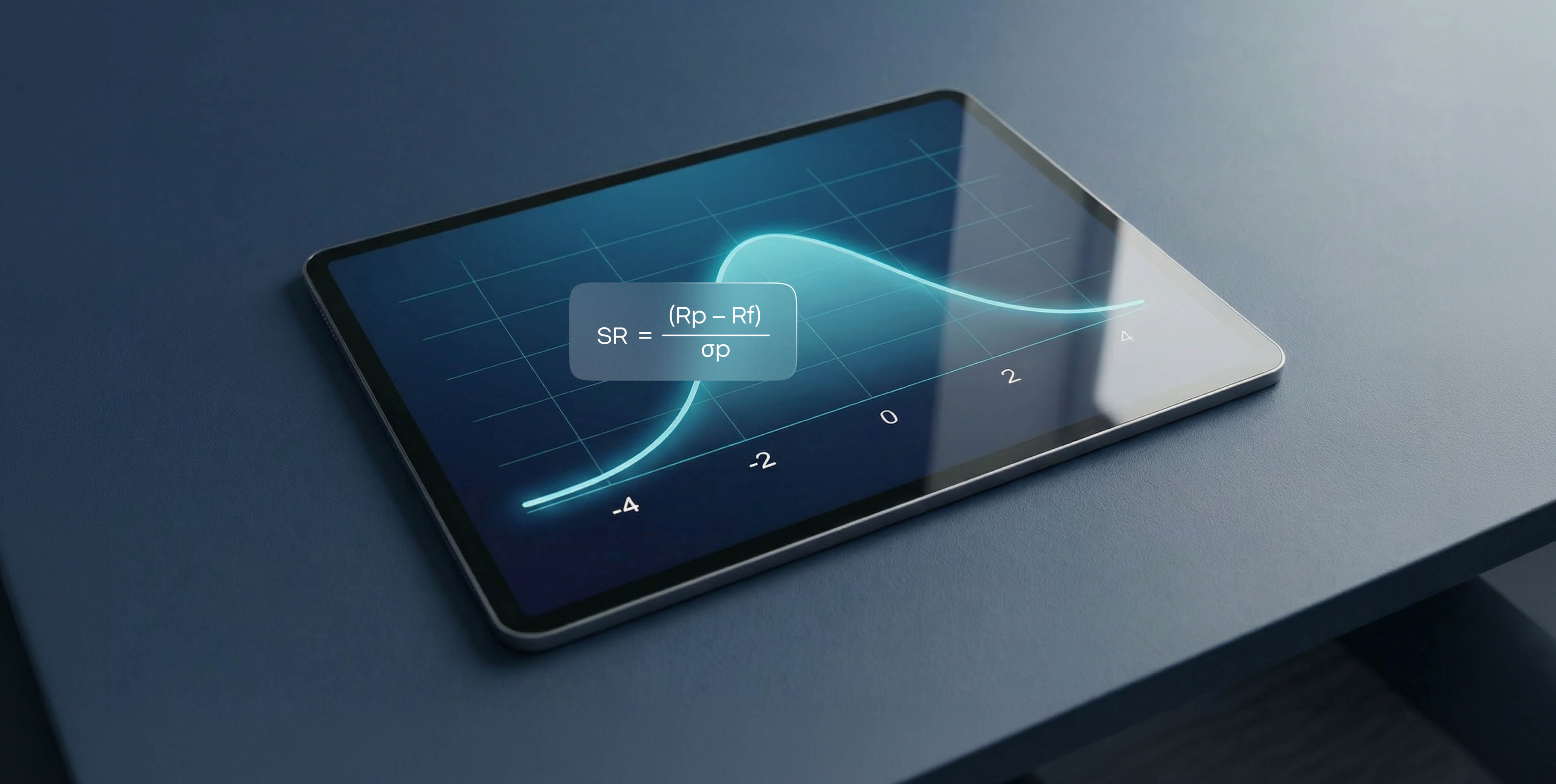 Egy tÃ¡blagÃ©p kÃ©pernyÅjÃ©n a Sharpe rÃ¡ta kÃ©plete lÃ¡thatÃ³ (SR = (Rp â Rf) / Ïp) egy haranggÃ¶rbÃ©vel egyÃ¼tt, amely a portfÃ³liÃ³kezelÃ©sben Ã©s befektetÃ©si elemzÃ©sben hasznÃ¡lt, kockÃ¡zattal korrigÃ¡lt hozamszÃ¡mÃ­tÃ¡st szemlÃ©lteti.