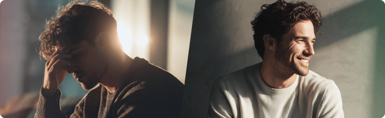 KÃ©t ellentÃ©tes kÃ©p, amelyek a befektetÅk Ã©rzelmi reakciÃ³it mutatjÃ¡k piaci vesztesÃ©gek Ã©s nyeresÃ©gek esetÃ©n.