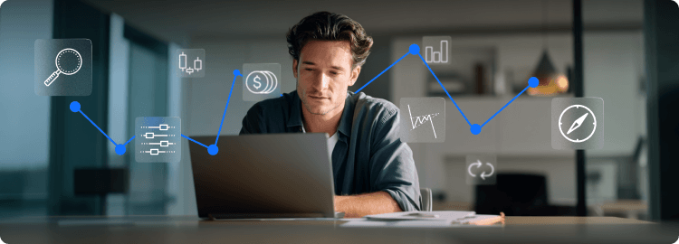 Inversor analizando los mercados financieros en un ordenador portÃ¡til con iconos digitales de grÃ¡ficos, indicadores y herramientas de estrategia, que representan el comercio en lÃ­nea, el anÃ¡lisis tÃ©cnico y la gestiÃ³n de carteras.