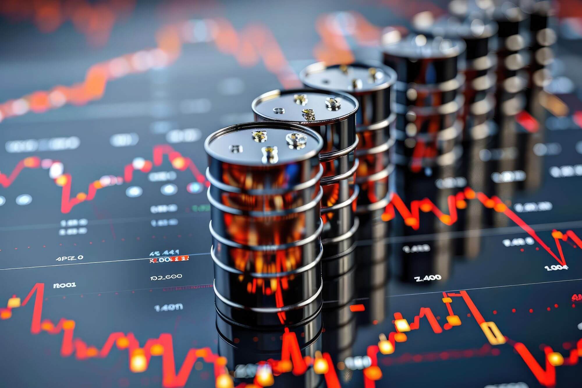 Imagen de barriles de crudo sobre un grÃ¡fico bursÃ¡til