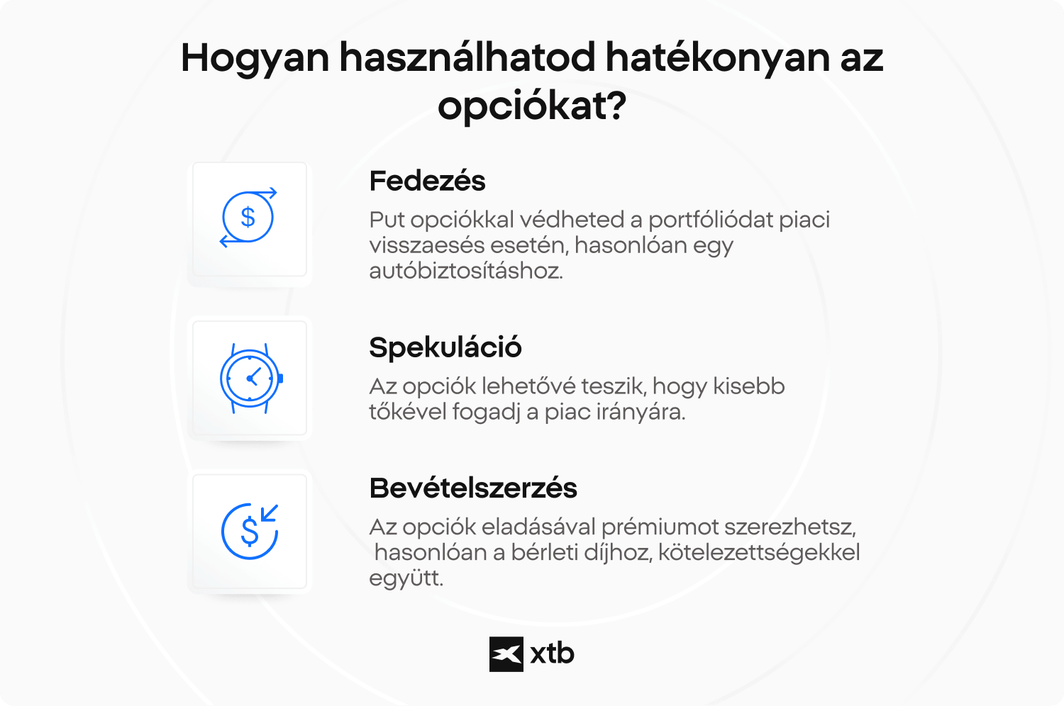 XTB infografika arrÃ³l, hogyan hasznÃ¡lhatod hatÃ©konyan az opciÃ³kat, bemutatva a fedezÃ©st, a spekulÃ¡ciÃ³t Ã©s a bevÃ©teltermelÃ©st mint az opciÃ³s kereskedÅk alapstratÃ©giÃ¡it.