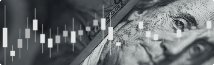 Amerikai dollÃ¡r kÃ¶zelkÃ©pe gyertyagrafikon-rÃ©teggel, a devizakereskedÃ©st Ã©s a piaci elemzÃ©st szimbolizÃ¡lva