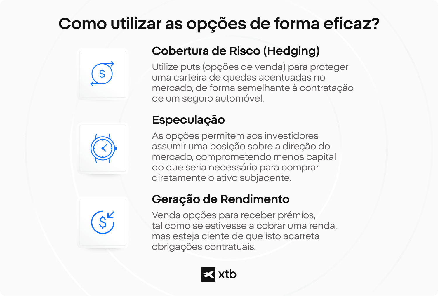 InfogrÃ¡fico da XTB explicando como usar opÃ§Ãµes de forma eficaz, cobrindo cobertura, especulaÃ§Ã£o e geraÃ§Ã£o de rendimento como estratÃ©gias centrais para traders de opÃ§Ãµes. 