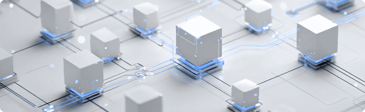 Biele 3D kocky spojenÃ© modrÃ½mi obvodovÃ½mi lÃ­niami ilustrujÃºcimi blockchainovÃº sieÅ¥