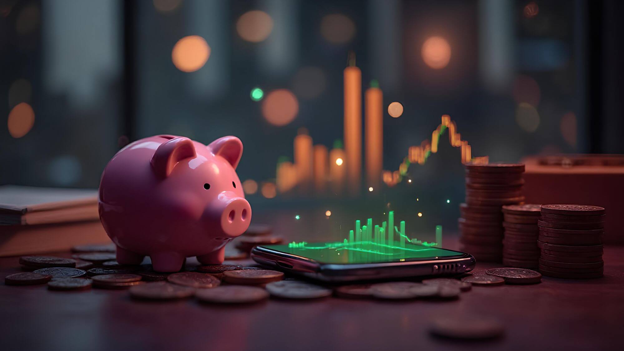 Imagen de un telÃ©fono mÃ³vil rodeado de monedas y una hucha con forma de cerdito en un artÃ­culo sobre la fiscalidad de los fondos de inversiÃ³n