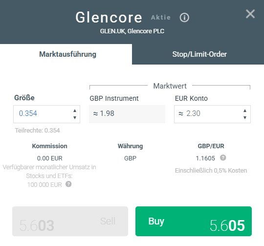 Rohstoffaktien: Glencore Aktie Ordermaske XTB