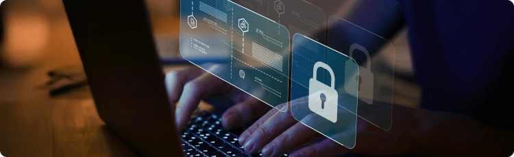 Tangan mengetik di laptop dengan ikon gembok mengambang, melambangkan privasi online dan keamanan siber.