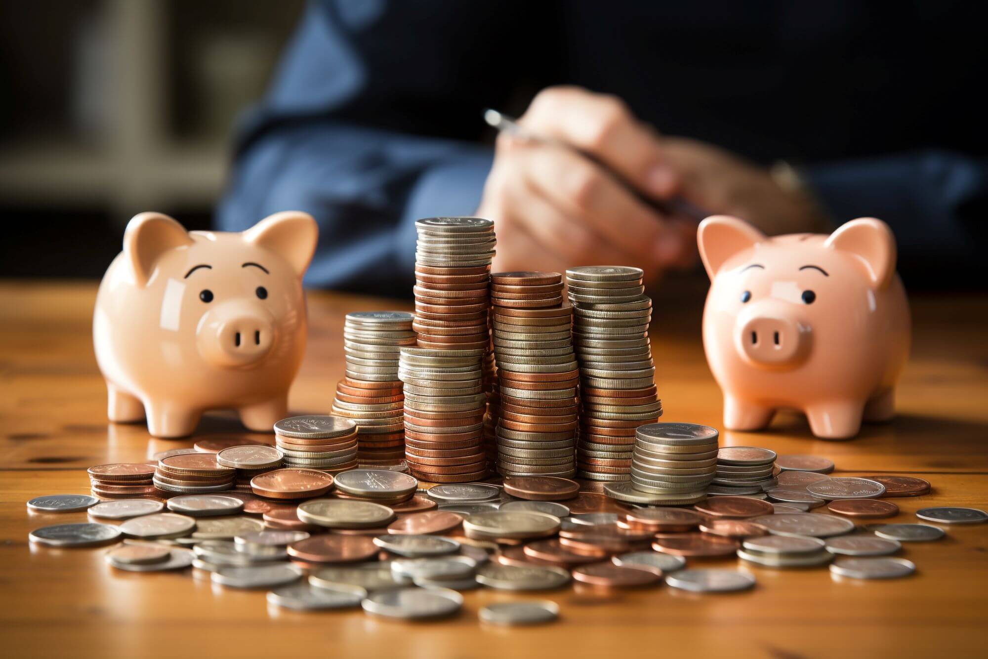 Imagen de montones de monedas y huchas con forma de cerdito en un artÃ­culo sobre quÃ© son las ganancias patrimoniales