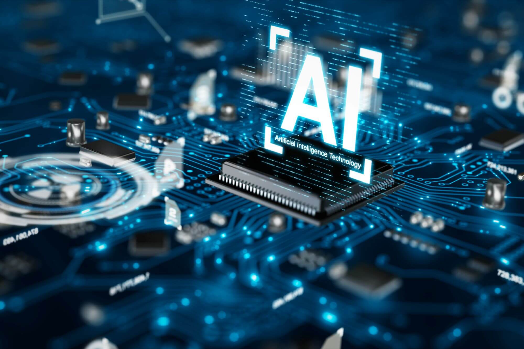 Imagen de un circuito de chips en los que se lee la palabra AI