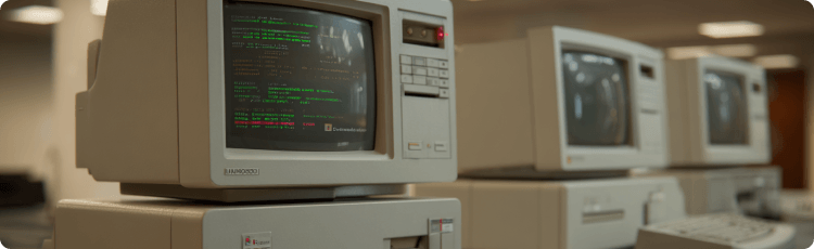 Ordenadores antiguos en una oficina, que representan los inicios de Microsoft.