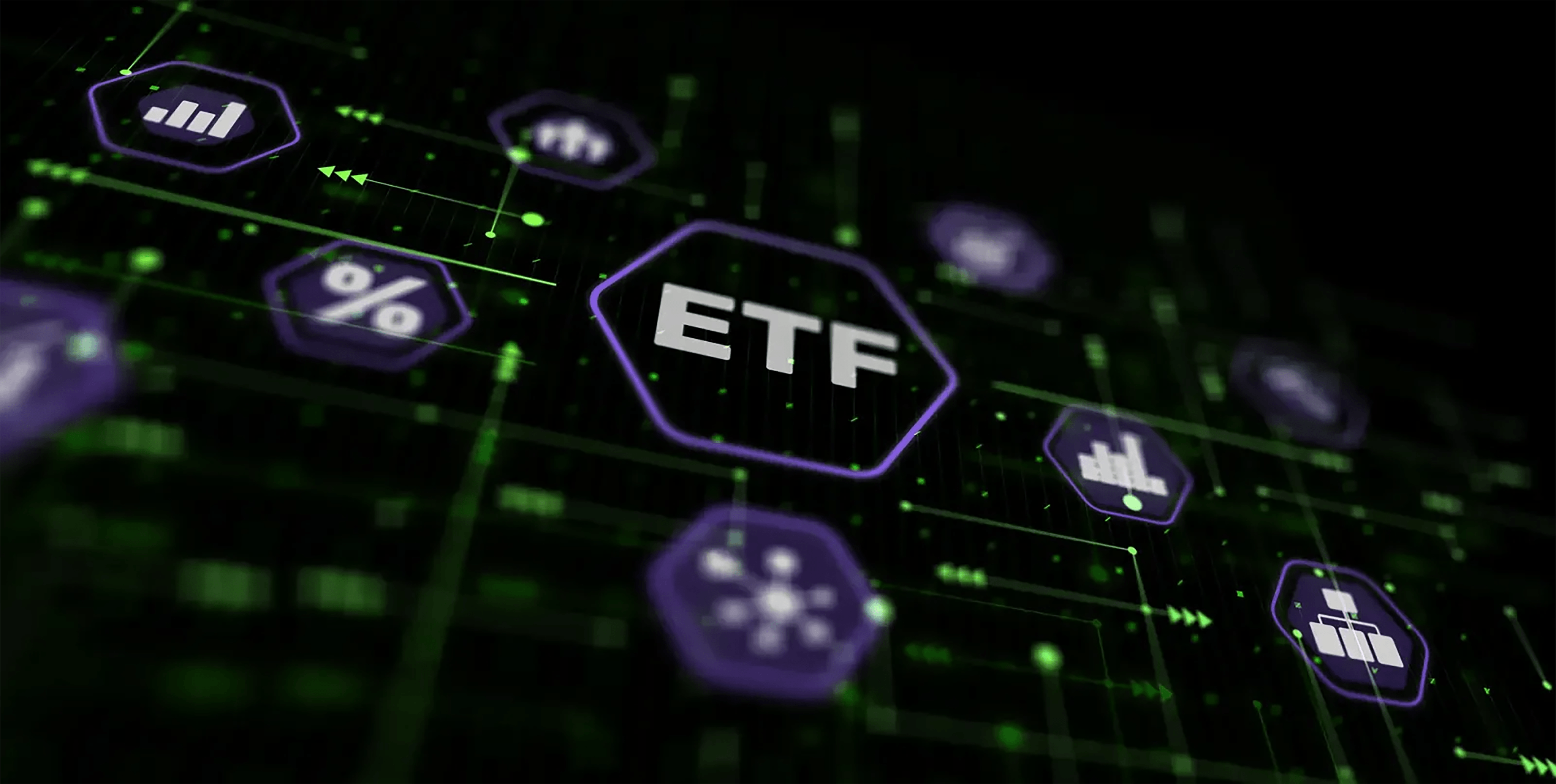 Imagem com sÃ­mbolos de investimento e "ETF" escrito no centro