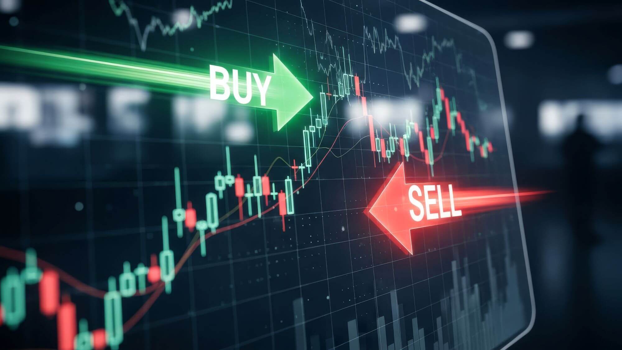 Imagen de un grÃ¡fico bursÃ¡til con dos flechas en las que se lee sell y buy en un artÃ­culo sobre cuÃ¡ndo vender acciones