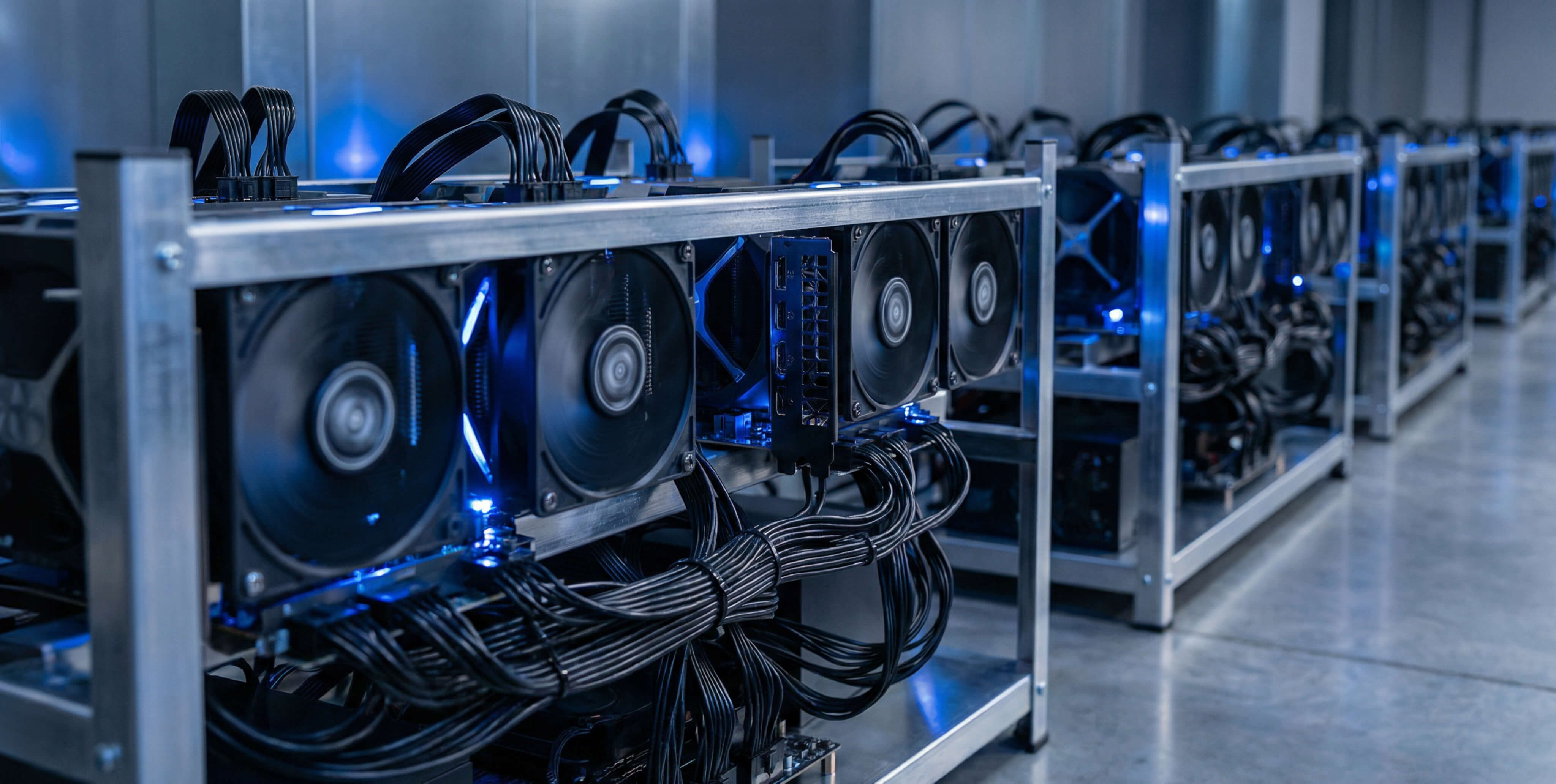 GPU alapÃº bÃ¡nyÃ¡szrigek sora kÃ©k LED vilÃ¡gÃ­tÃ¡ssal egy nagymÃ©retÅ± kriptovaluta bÃ¡nyÃ¡szati lÃ©tesÃ­tmÃ©nyben, bemutatva a blokklÃ¡nc alapÃº bÃ¡nyÃ¡szati mÅ±veletek mÃ¶gÃ¶tt Ã¡llÃ³ hardveres infrastruktÃºrÃ¡t.