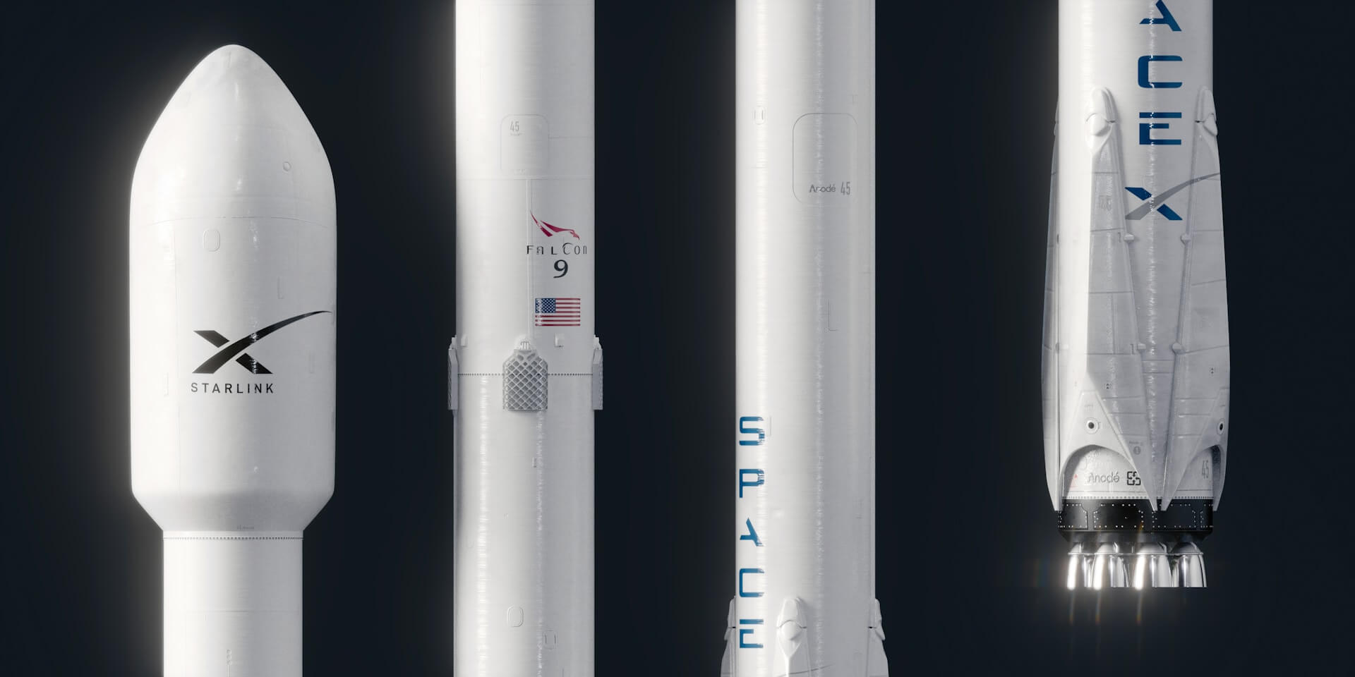 Imagem do satÃ©lite Starlink e dos foguetÃµes Falcon 9 da SpaceX sobre fundo preto