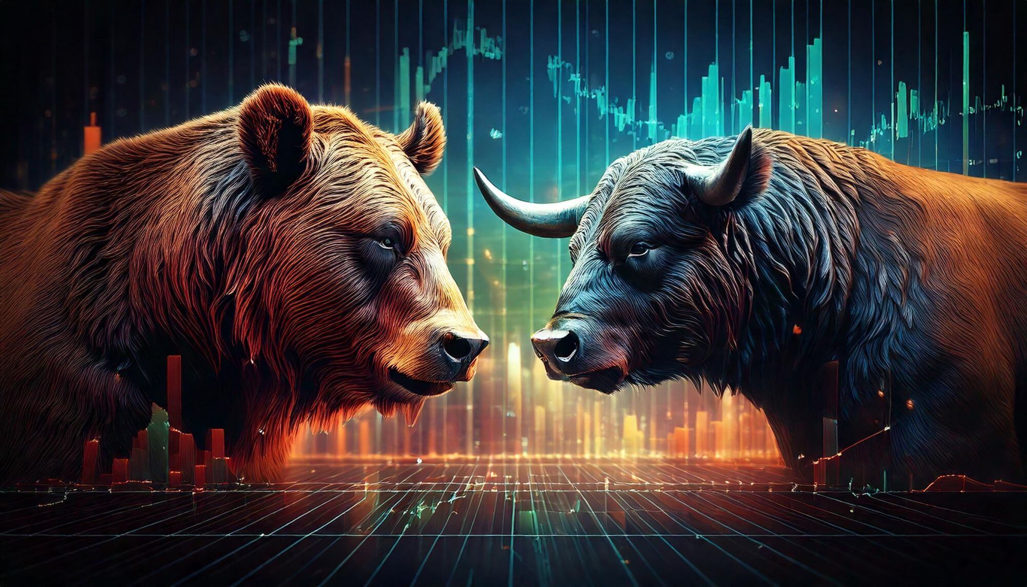 Imagen de un oso y un toro enfrentados sobre un gráfico bursátil en un artÃculo sobre qué son las bear trap y las bull trap