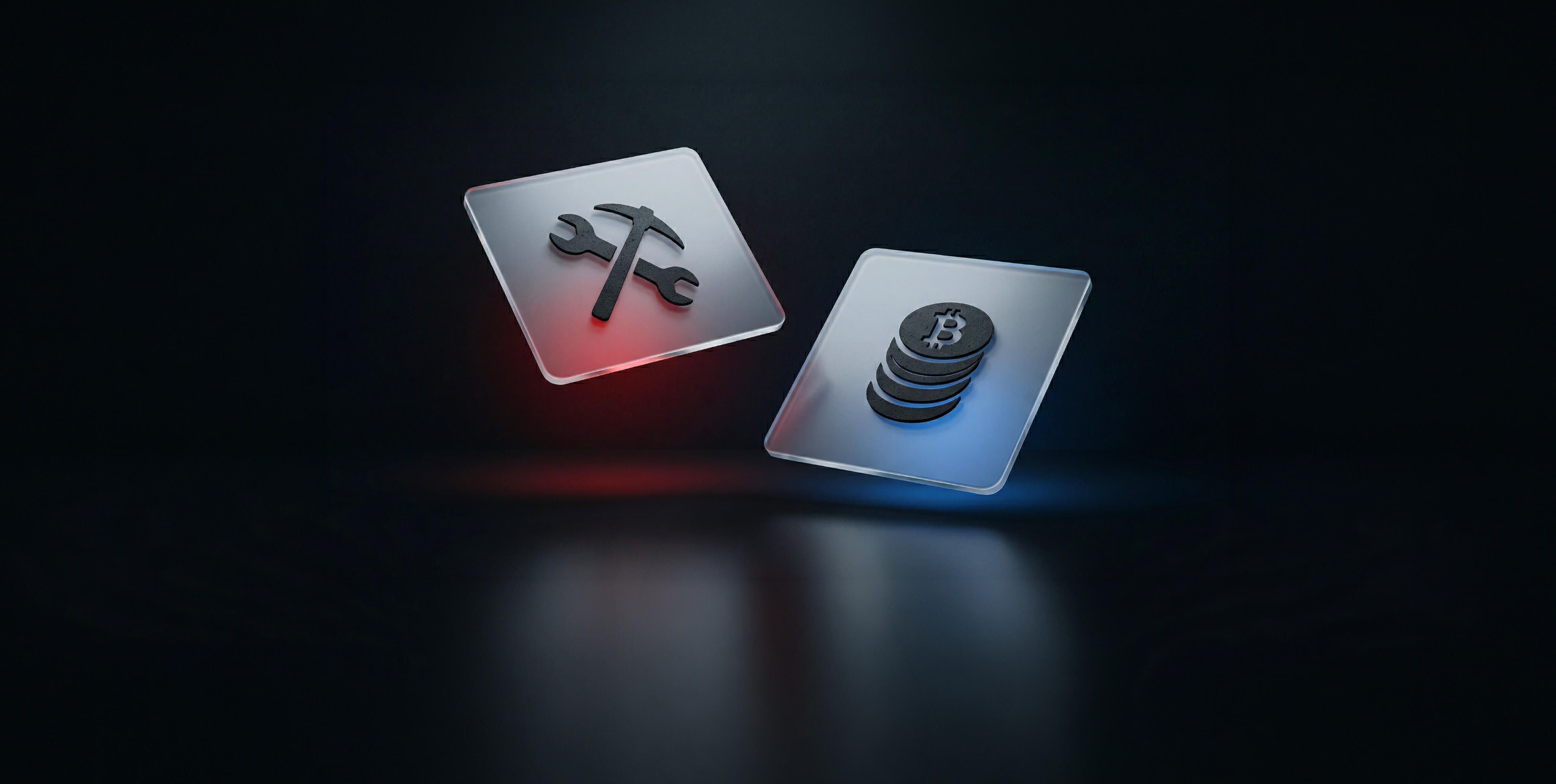 3D illusztrÃ¡ciÃ³ kÃ©t lebegÅ lapkÃ¡rÃ³l, amelyeken egy eszkÃ¶z ikon Ã©s egy Bitcoin Ã©rmÃ©kbÅl Ã¡llÃ³ halom lÃ¡thatÃ³, a Proof of Work Ã©s Proof of Stake kriptovaluta konszenzusmechanizmusok alapvetÅ elemeit jelkÃ©pezve.