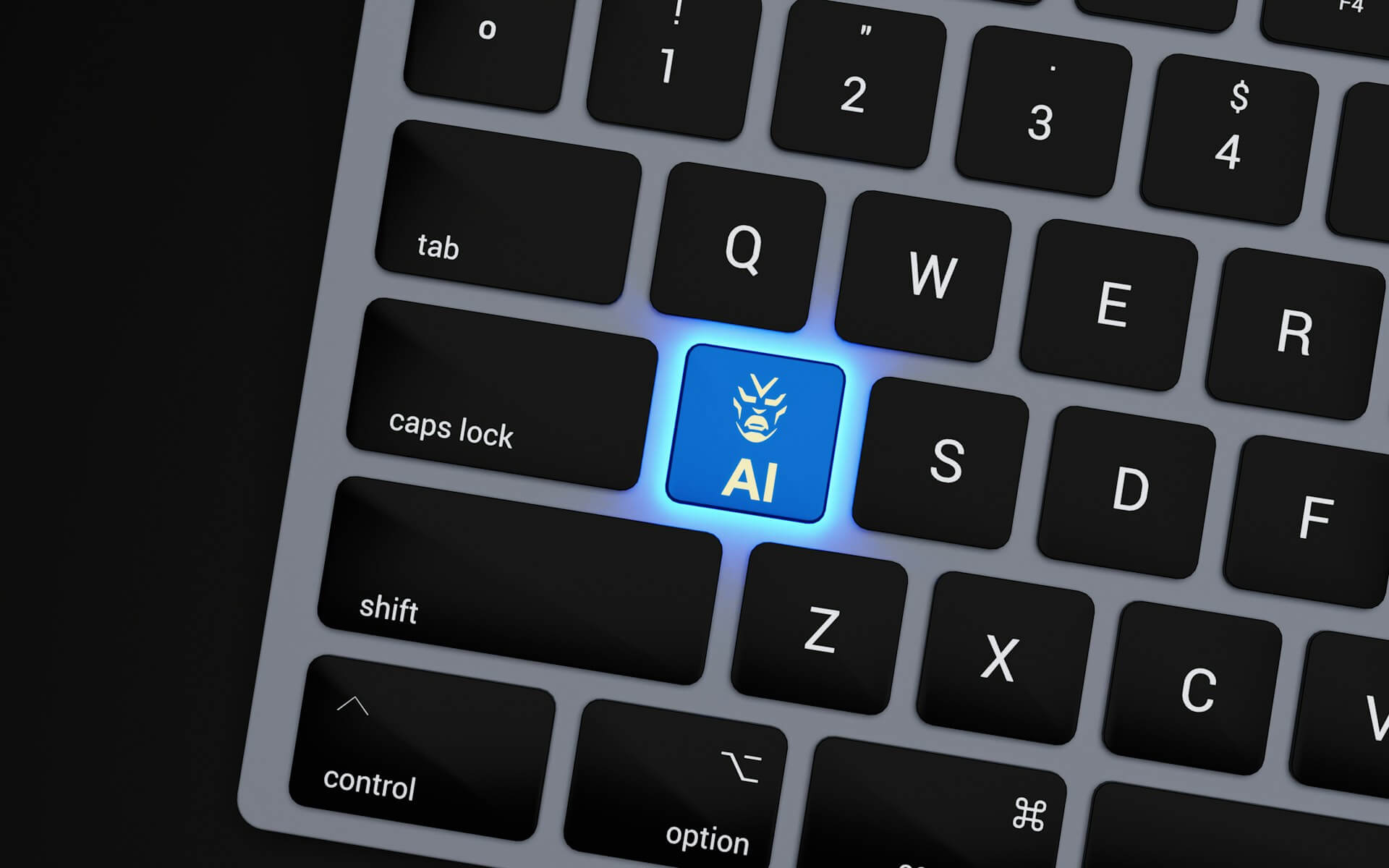 Teclado de laptop com botÃ£o em azul escrito AI e um sÃ­mbolo de robÃ´