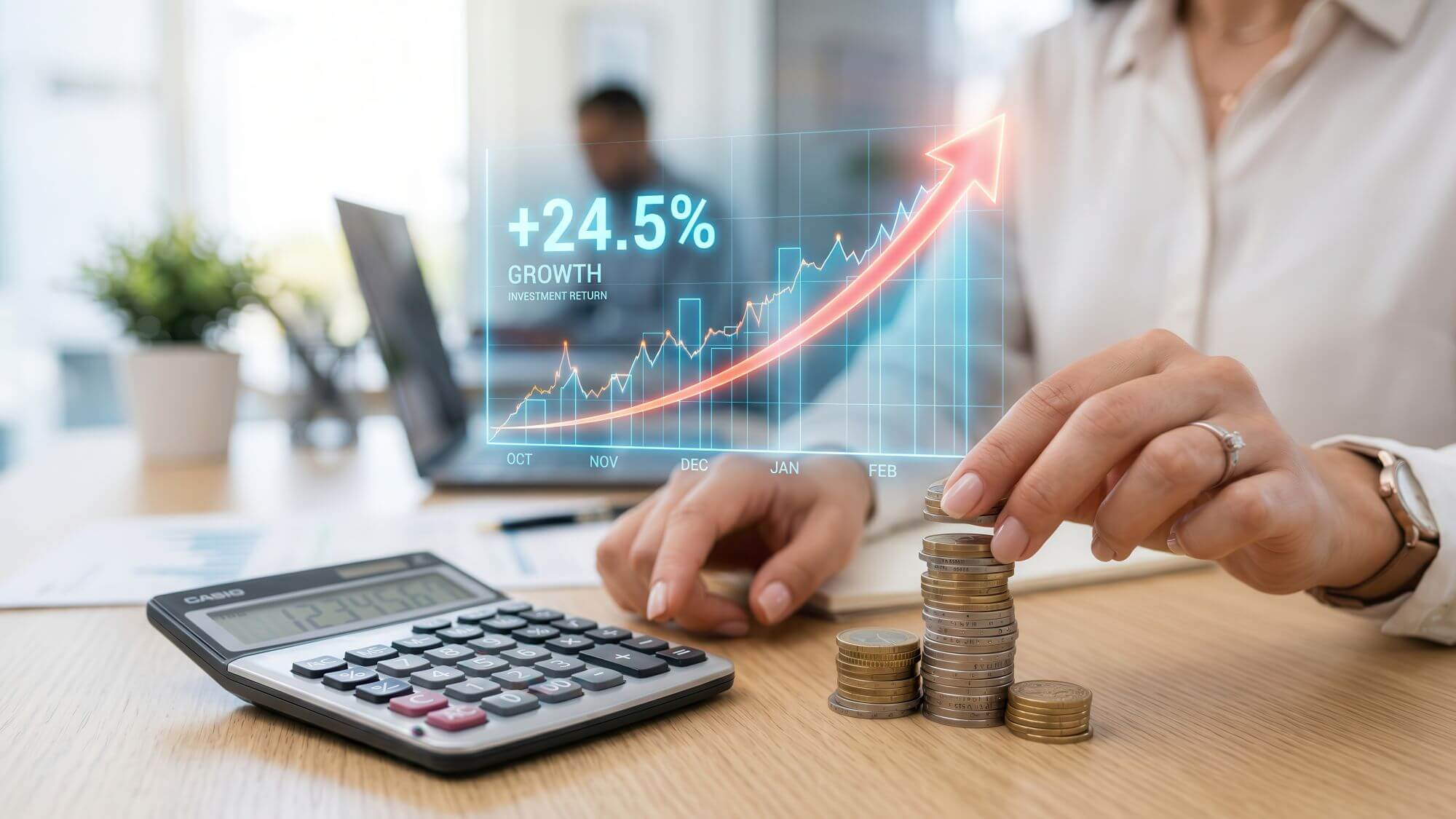 Imagen de un inversor con una calculadora y un cúmulo de monedas en un artÃculo sobre cómo comprar acciones