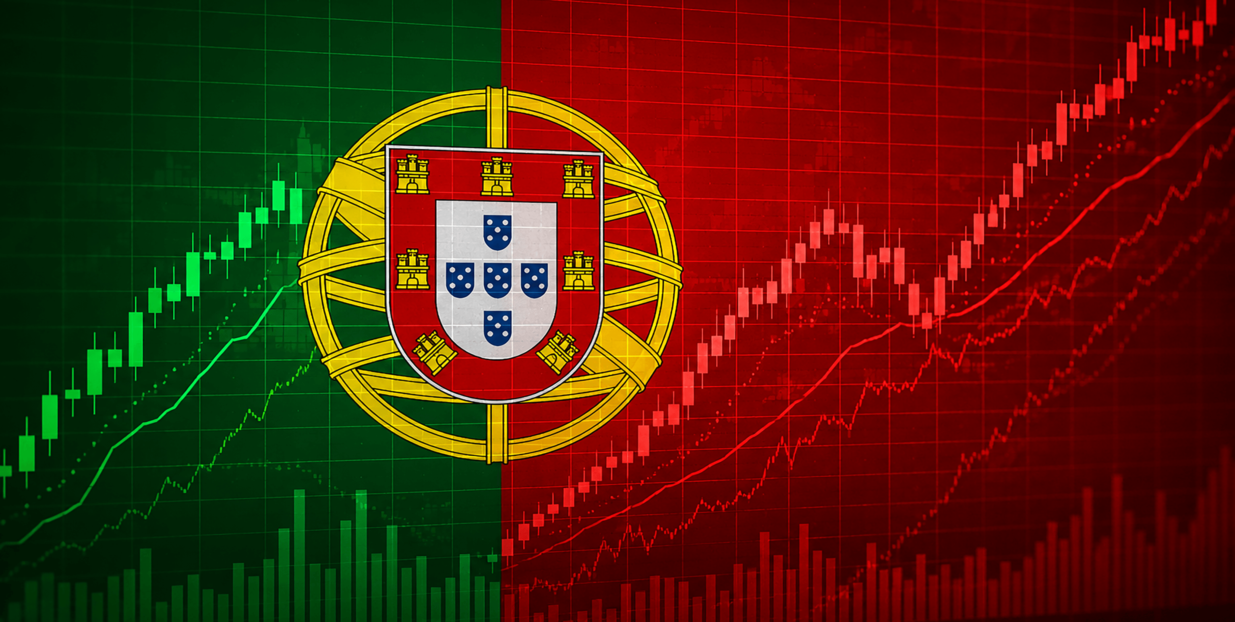 Bandeira de Portugal com textura de grÃ¡ficos de investimento
