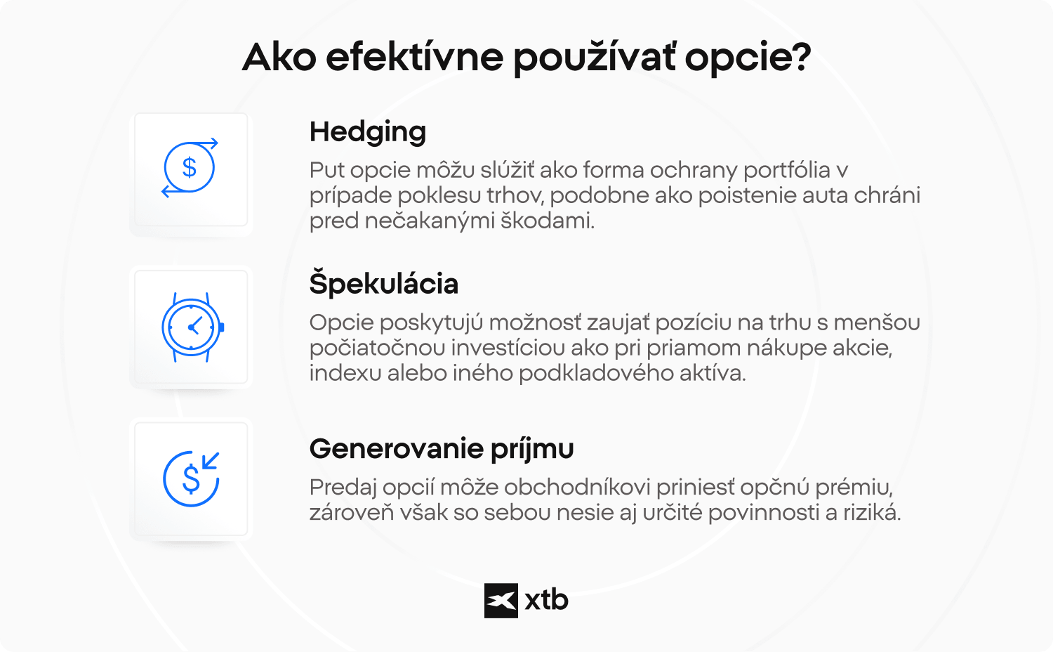 Infografika XTB vysvetľujúca, ako efektívne využívať opcie, zahŕňajúca hedžing, špekulácie a generovanie príjmov ako kľúčové stratégie pre obchodníkov s opciami.