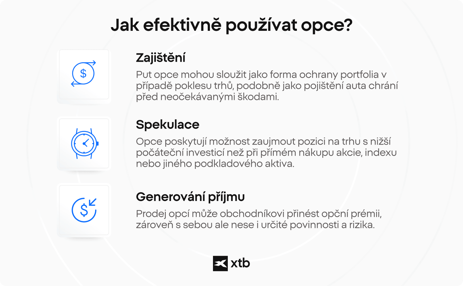 Infografika XTB vysvětluje, jak efektivně používat opce, a ukazuje zajištění, spekulaci a tvorbu příjmu jako hlavní strategie pro obchodníky s opcemi.
