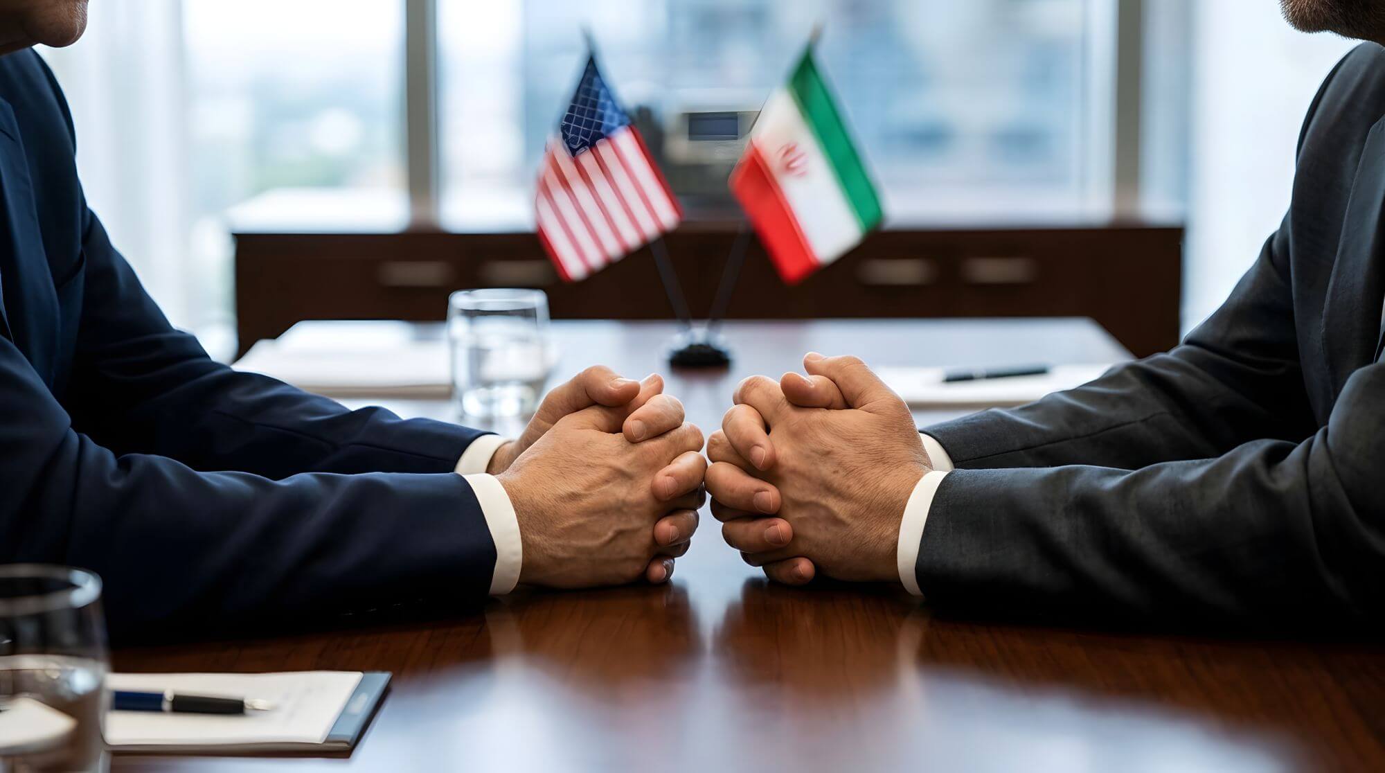 Imagen de dos personas enfrentadas en la que se ve de fondo las banderas de Irán y Estados Unidos