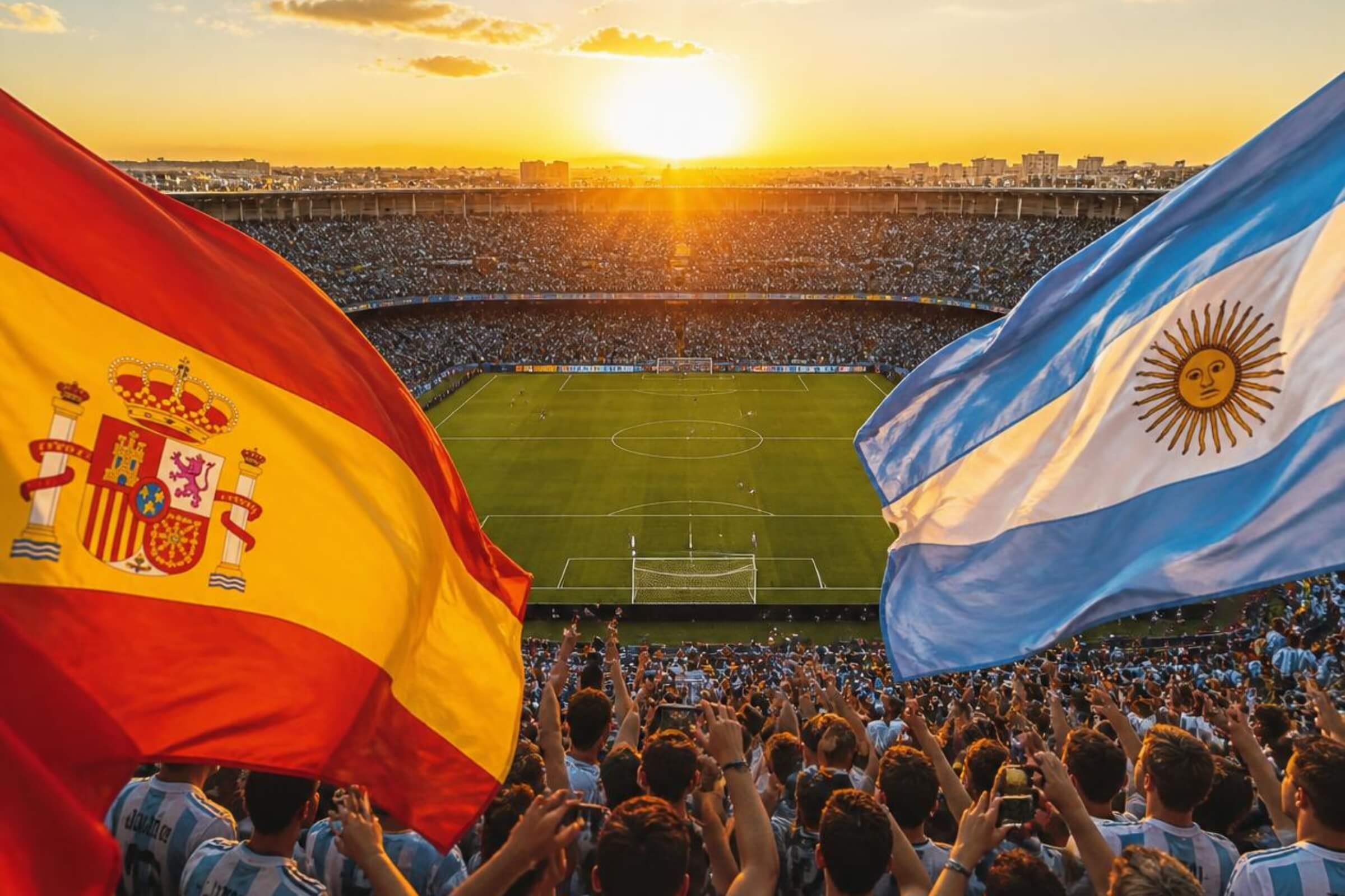 Visão de cima de estádio de futebol lotado com bandeira da Espanha de um lado e da Argentina de outro
