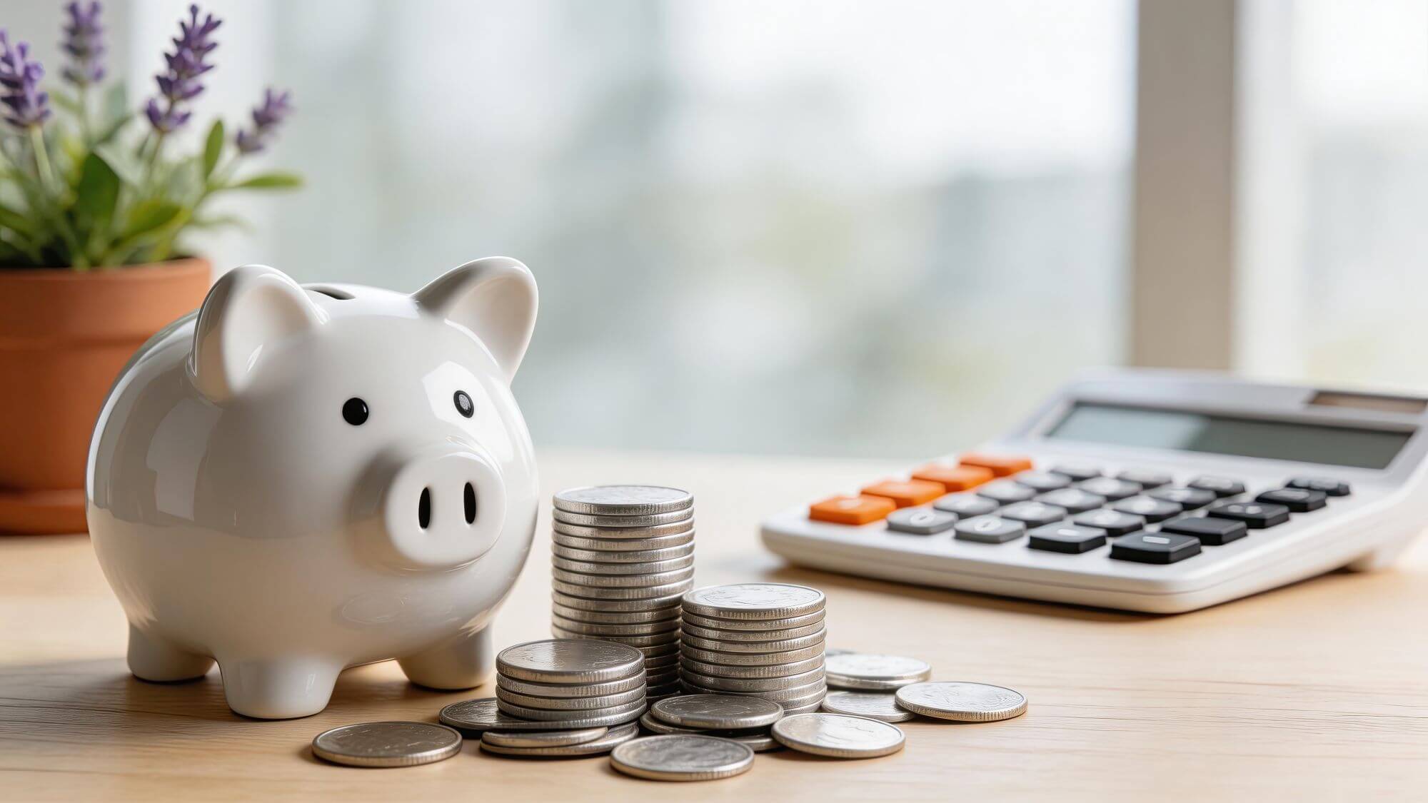 Imagen de una hucha de cerdito acompañada de una calculadora y monedas en un articulo sobre si es posible invertir 30.000 euros sin riesgo