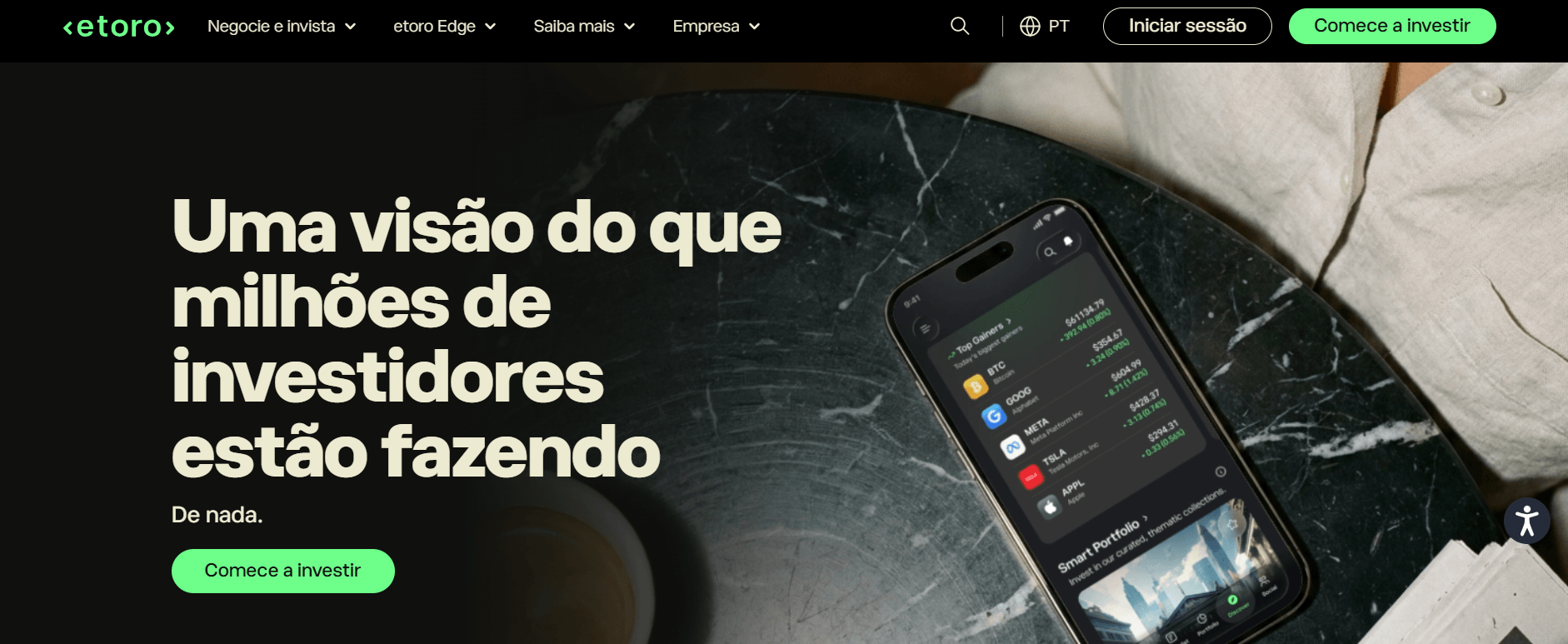 Página principal da eToro Portugal