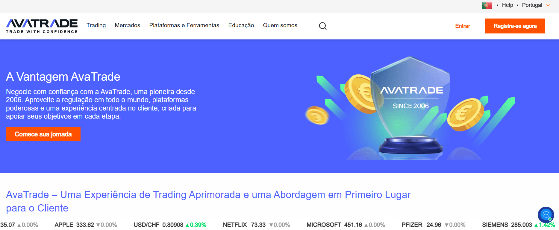 Página principal da AvaTrade em português