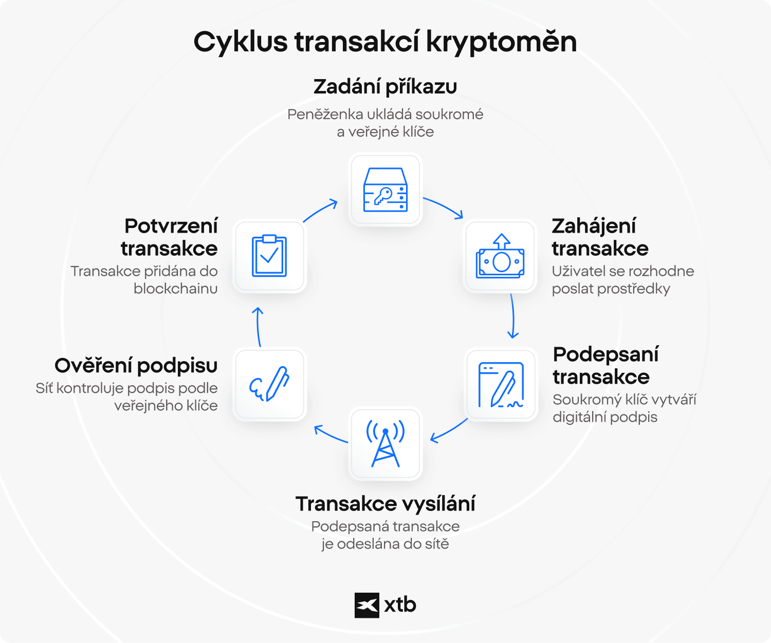 Infografika XTB znázorňuje pět kroků kryptoměnové transakce od držení klíčů a zadání převodu přes podepsání, odeslání do sítě, ověření a potvrzení transakce na blockchainu.