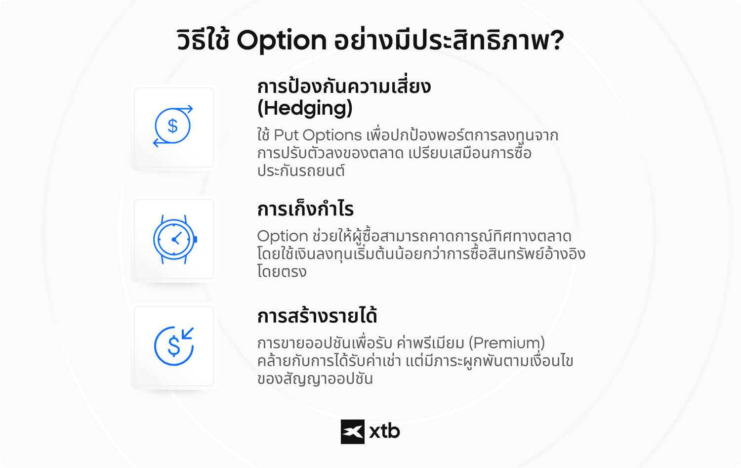แนวทางการใช้ออปชันอย่างมีประสิทธิภาพ ผ่าน 3 กลยุทธ์หลัก ได้แก่ การป้องกันความเสี่ยง การเก็งกำไร และการสร้างรายได้ เพื่อช่วยให้นักเทรดเข้าใจการใช้งานออปชันได้ดียิ่งขึ้น