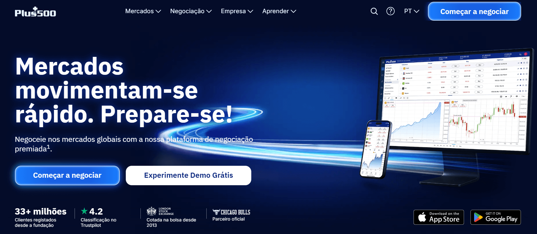 Página principal da Plus500 em português