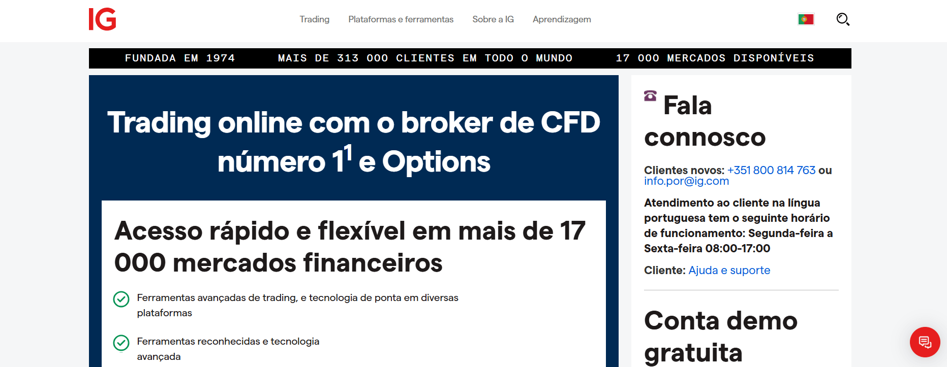 Página principal da IG Group em português