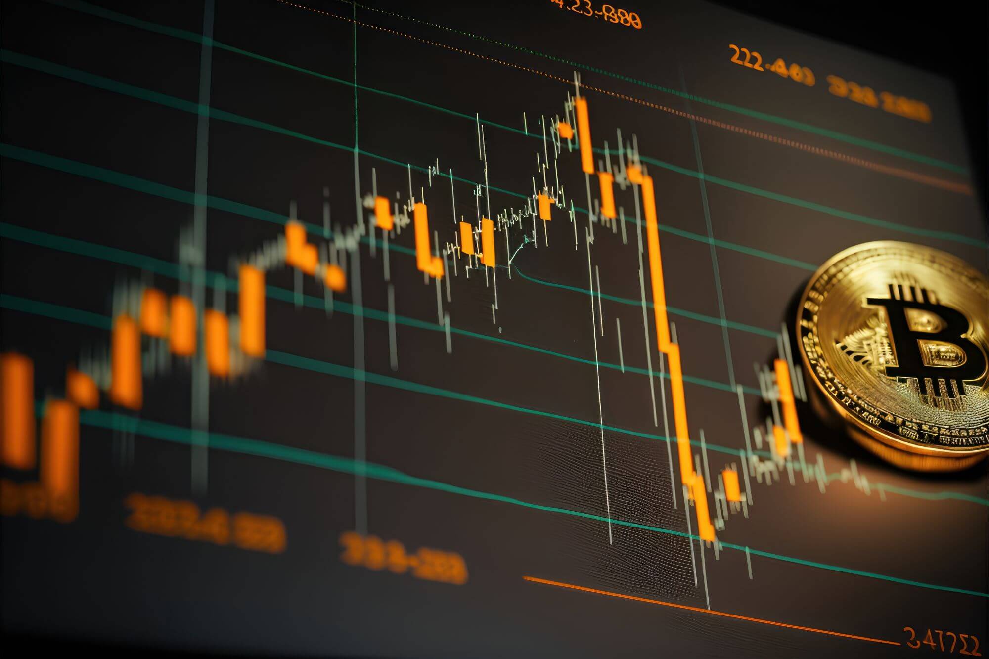 Imagen de una moneda de Bitcoin sobre un gráfico bursátil en un artículo sobre cómo invertir en criptomonedas