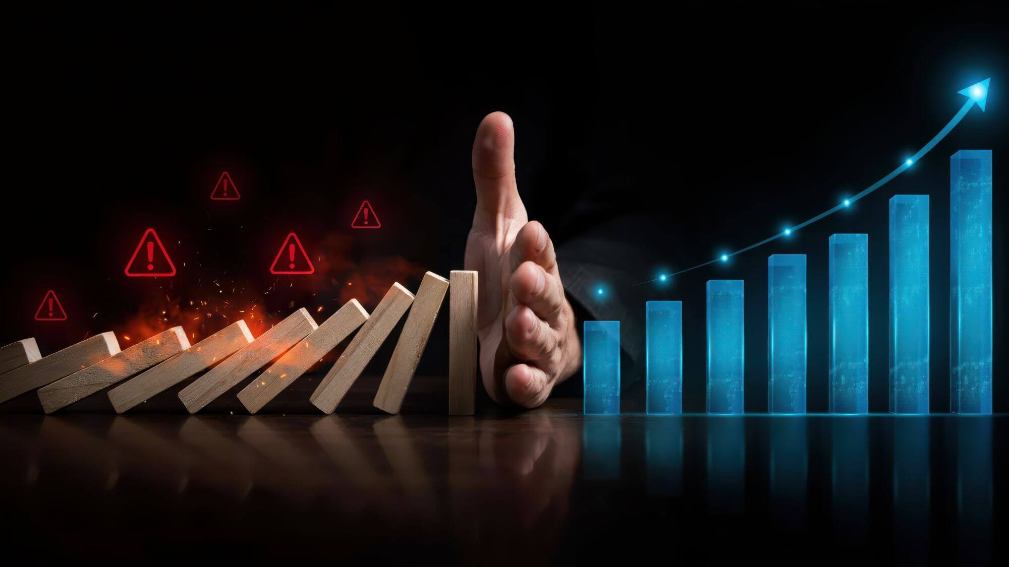Imagen de una mano deteniendo la tendencia de un gráfico bursátil en un artículo sobre qué es el stop loss