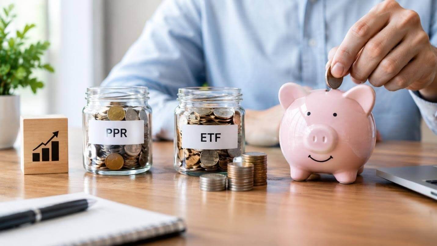 Homem indeciso a considerar dois tipos de investimento: ETFs ou PPR