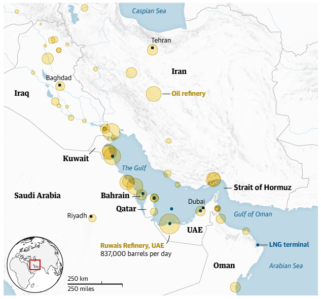 Mapa de la infraestructura energetica del Golfo Persico, con la ubicacion y capacidad de refinerias de petroleo y terminales de GNL en la region