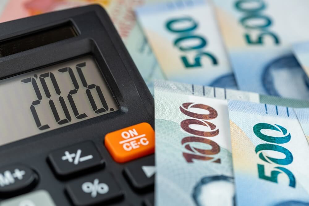 Dinero de Mexico. Finanzas 2026. Concepto empresarial y economico. Simbolo de pesos mexicanos. El aÃ±o 2026 se muestra en una calculadora.